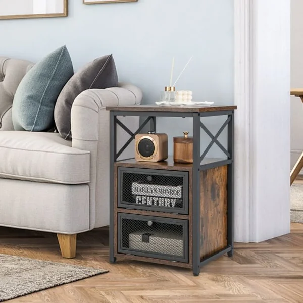 1 Table/2 Tbales de Chevet Industrielle à 2 Compartments et 2 Étagères Bout de Canapé Cadre Métal Table d'Appoint pour Chambre 60,5x40x35cm
