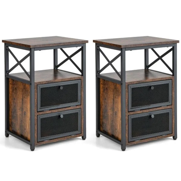 1 Table/2 Tbales de Chevet Industrielle à 2 Compartments et 2 Étagères Bout de Canapé Cadre Métal Table d'Appoint pour Chambre 60,5x40x35cm