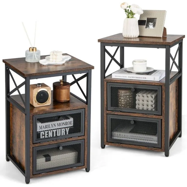 1 Table/2 Tbales de Chevet Industrielle à 2 Compartments et 2 Étagères Bout de Canapé Cadre Métal Table d'Appoint pour Chambre 60,5x40x35cm