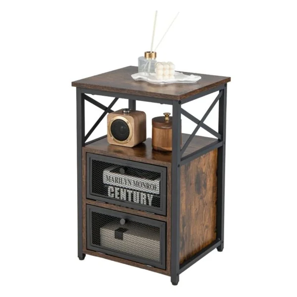 1 Table/2 Tbales de Chevet Industrielle à 2 Compartments et 2 Étagères Bout de Canapé Cadre Métal Table d'Appoint pour Chambre 60,5x40x35cm