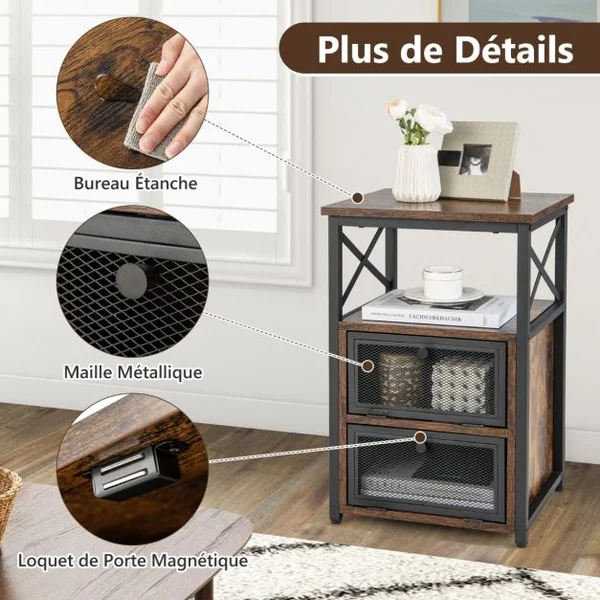 1 Table/2 Tbales de Chevet Industrielle à 2 Compartments et 2 Étagères Bout de Canapé Cadre Métal Table d'Appoint pour Chambre 60,5x40x35cm