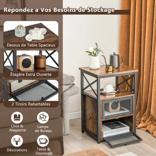 1 Table/2 Tbales de Chevet Industrielle à 2 Compartments et 2 Étagères Bout de Canapé Cadre Métal Table d'Appoint pour Chambre 60,5x40x35cm