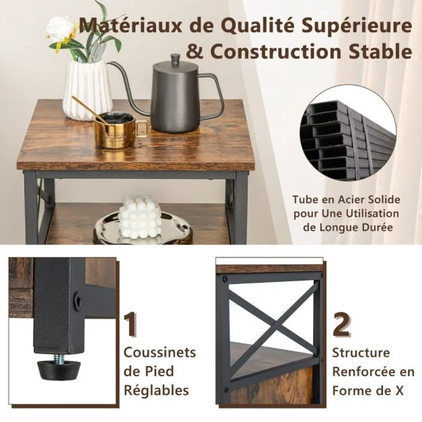 1 Table/2 Tbales de Chevet Industrielle à 2 Compartments et 2 Étagères Bout de Canapé Cadre Métal Table d'Appoint pour Chambre 60,5x40x35cm