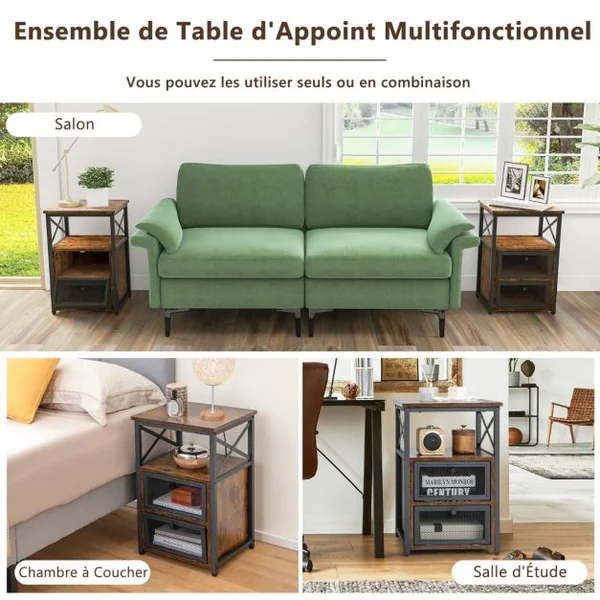 1 Table/2 Tbales de Chevet Industrielle à 2 Compartments et 2 Étagères Bout de Canapé Cadre Métal Table d'Appoint pour Chambre 60,5x40x35cm