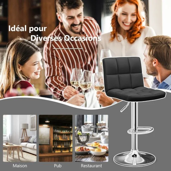 1 Tabouret/Lot de 2 Tabourets de Bar en Cuir Pu Hauteur Réglable Siège Pivotant à 360° Repose-pieds Base en Métal Antidérapant Blanc/Noir/Café/Gris