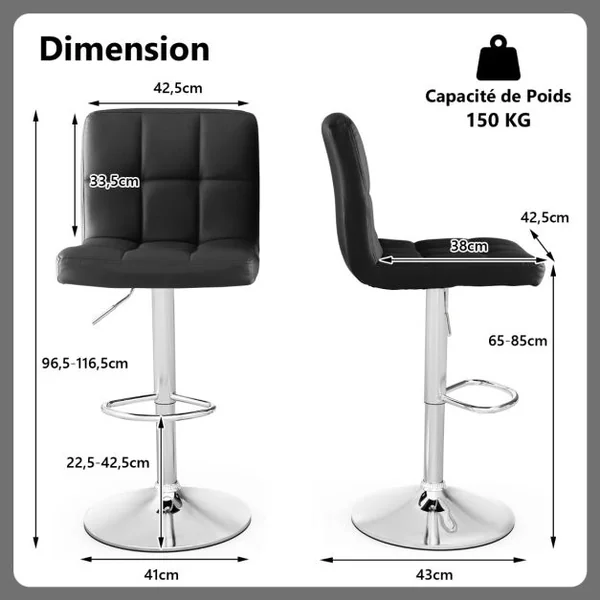 1 Tabouret/Lot de 2 Tabourets de Bar en Cuir Pu Hauteur Réglable Siège Pivotant à 360° Repose-pieds Base en Métal Antidérapant Blanc/Noir/Café/Gris