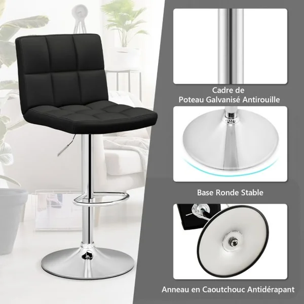 1 Tabouret/Lot de 2 Tabourets de Bar en Cuir Pu Hauteur Réglable Siège Pivotant à 360° Repose-pieds Base en Métal Antidérapant Blanc/Noir/Café/Gris