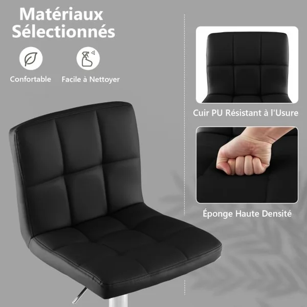 1 Tabouret/Lot de 2 Tabourets de Bar en Cuir Pu Hauteur Réglable Siège Pivotant à 360° Repose-pieds Base en Métal Antidérapant Blanc/Noir/Café/Gris