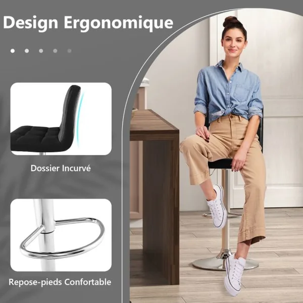 1 Tabouret/Lot de 2 Tabourets de Bar en Cuir Pu Hauteur Réglable Siège Pivotant à 360° Repose-pieds Base en Métal Antidérapant Blanc/Noir/Café/Gris
