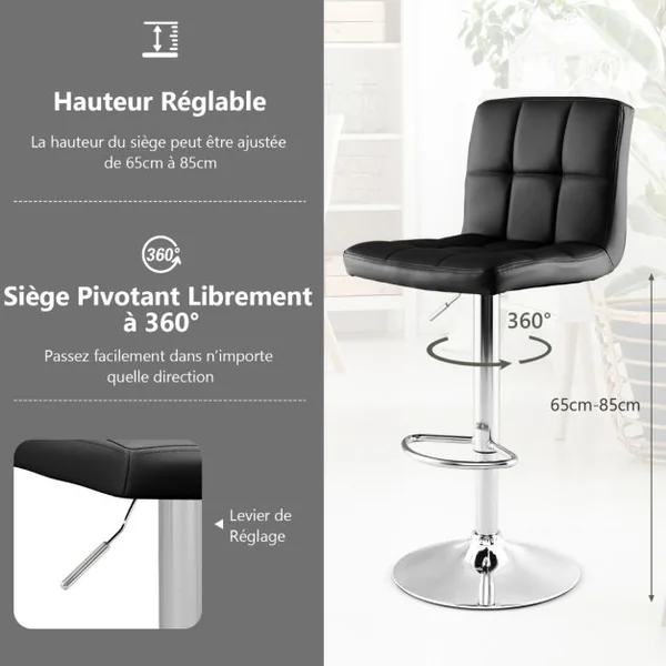 1 Tabouret/Lot de 2 Tabourets de Bar en Cuir Pu Hauteur Réglable Siège Pivotant à 360° Repose-pieds Base en Métal Antidérapant Blanc/Noir/Café/Gris