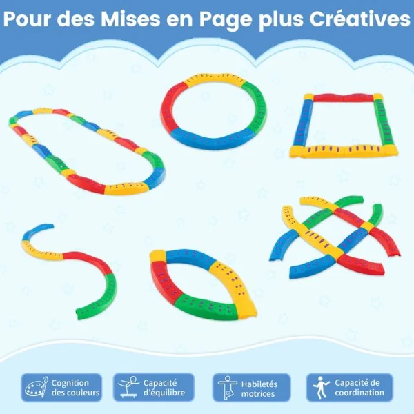 20 Pièces Poutre d'Équilibre Empilable Enfants avec Patin Antidérapant Tremplins d'Équilibre avec Connexion Ferme Amovible Charge 80kg Rose