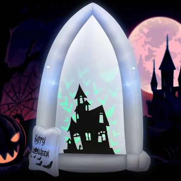 2,1 M Décoration Gonflable d'Halloween Pierre Tombale/Châteaux avec Lumières de Projection Chauve-souris/Souffleur Intégré