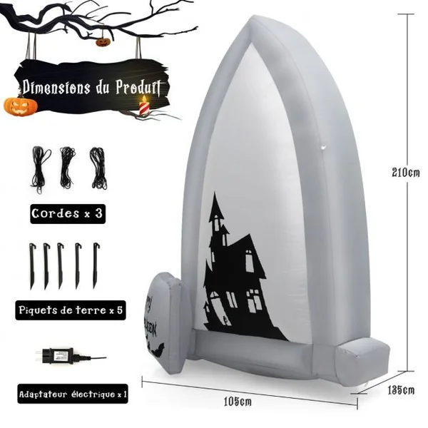 2,1 M Décoration Gonflable d'Halloween Pierre Tombale/Châteaux avec Lumières de Projection Chauve-souris/Souffleur Intégré