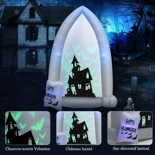 2,1 M Décoration Gonflable d'Halloween Pierre Tombale/Châteaux avec Lumières de Projection Chauve-souris/Souffleur Intégré
