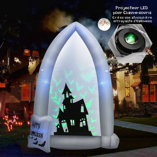2,1 M Décoration Gonflable d'Halloween Pierre Tombale/Châteaux avec Lumières de Projection Chauve-souris/Souffleur Intégré