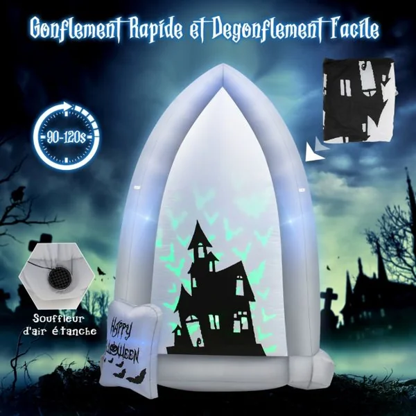 2,1 M Décoration Gonflable d'Halloween Pierre Tombale/Châteaux avec Lumières de Projection Chauve-souris/Souffleur Intégré