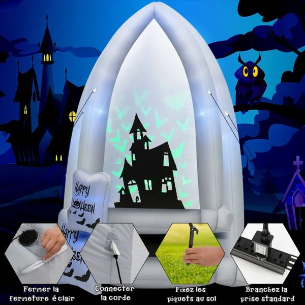 2,1 M Décoration Gonflable d'Halloween Pierre Tombale/Châteaux avec Lumières de Projection Chauve-souris/Souffleur Intégré