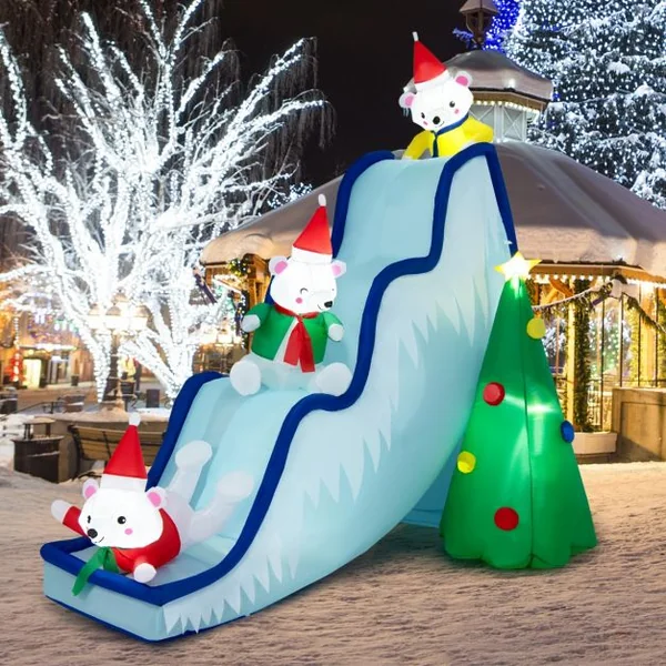 220 CM Décoration Gonflable de Noël avec 6 Lumières LED 3 Ours Polaires Toboggan et Sapin de Noël pour Intérieur/Extérieur