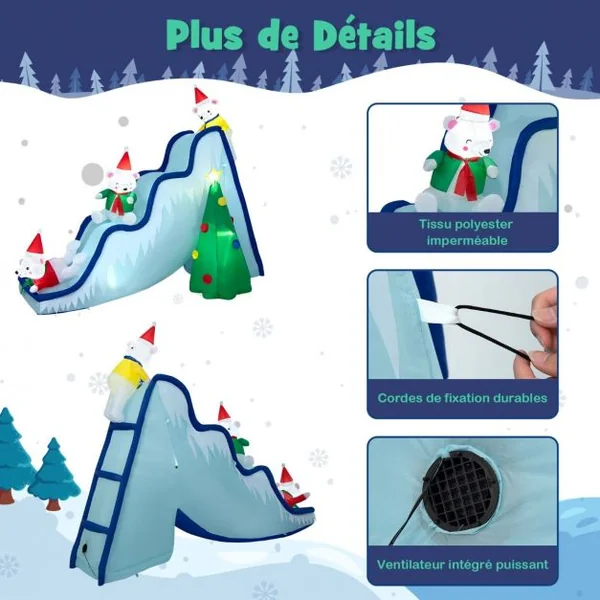 220 CM Décoration Gonflable de Noël avec 6 Lumières LED 3 Ours Polaires Toboggan et Sapin de Noël pour Intérieur/Extérieur