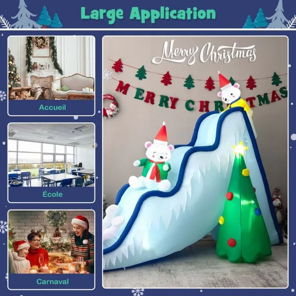 220 CM Décoration Gonflable de Noël avec 6 Lumières LED 3 Ours Polaires Toboggan et Sapin de Noël pour Intérieur/Extérieur