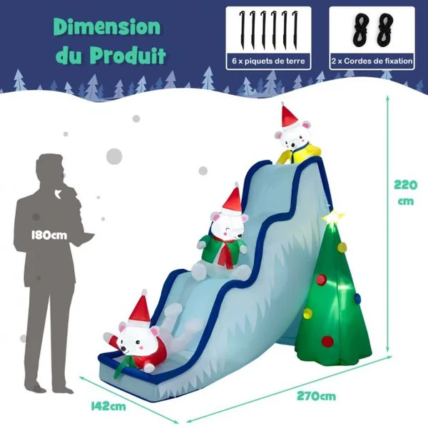 220 CM Décoration Gonflable de Noël avec 6 Lumières LED 3 Ours Polaires Toboggan et Sapin de Noël pour Intérieur/Extérieur