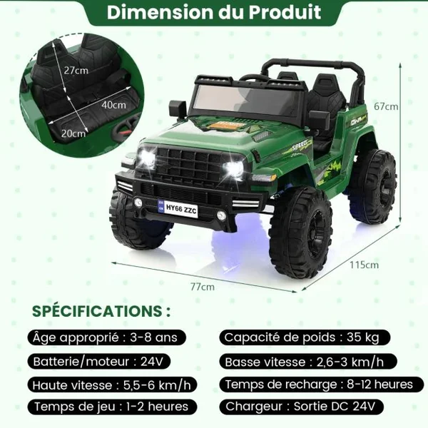24V Voiture Électrique 2 Places Enfants avec Télécommande 2,4G Musique LED Démarrage Lent 2 Vitesses Charge 35kg pour 3-8 Ans+ Rouge/Rose/Vert