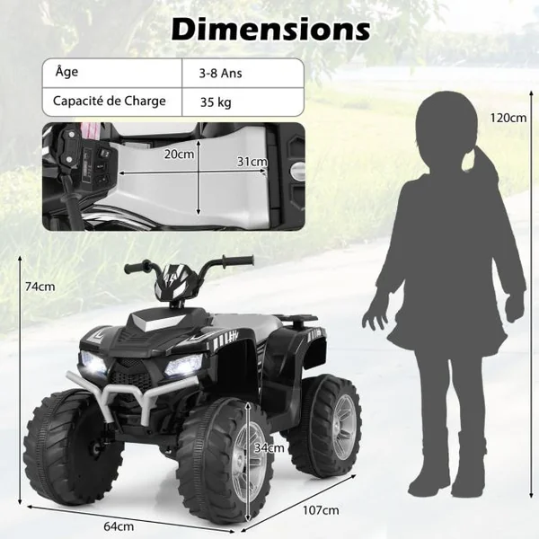 24V Voiture Électrique Enfant avec Musique & Lumières LED Vitesse 2,8/5 km/h Charge 35kg pour 3-8 Ans Noir