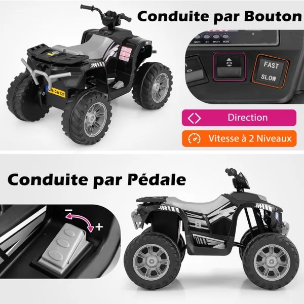 24V Voiture Électrique Enfant avec Musique & Lumières LED Vitesse 2,8/5 km/h Charge 35kg pour 3-8 Ans Noir