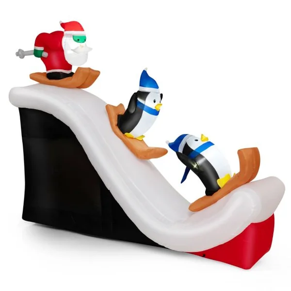 280 CM Décorations Gonflables de Noël avec 4 Lumières LED et 3 Sacs de Sable Père Noël et Pingouins Skiant