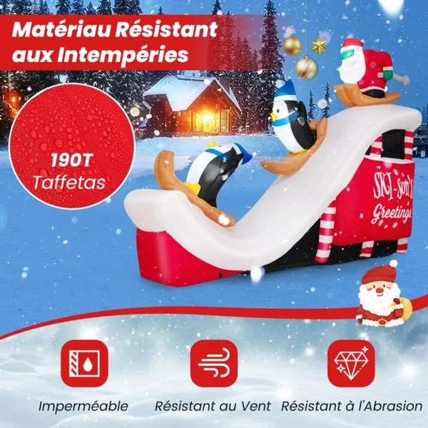 280 CM Décorations Gonflables de Noël avec 4 Lumières LED et 3 Sacs de Sable Père Noël et Pingouins Skiant