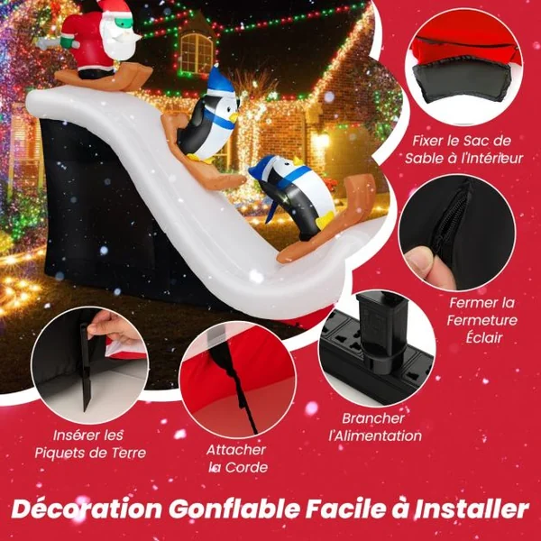280 CM Décorations Gonflables de Noël avec 4 Lumières LED et 3 Sacs de Sable Père Noël et Pingouins Skiant