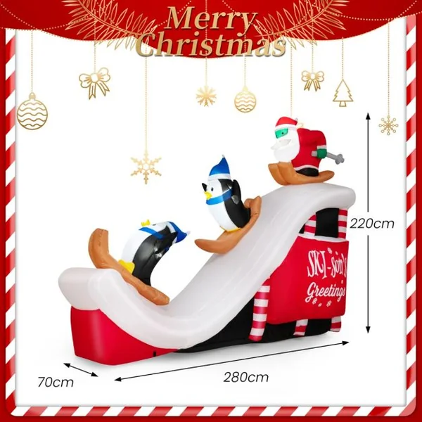 280 CM Décorations Gonflables de Noël avec 4 Lumières LED et 3 Sacs de Sable Père Noël et Pingouins Skiant