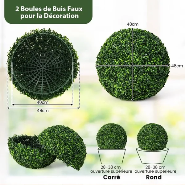 2 Boules 48 cm Plante Artificielle Topiaire UV-Proof Faux Plantes pour Intérieur et Extérieur