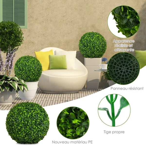 2 Boules de Buis Artificielles 40 cm Résistantes aux UV Plantes de Faux en Boules Topiaire Décoratives pour Intérieur Extérieur