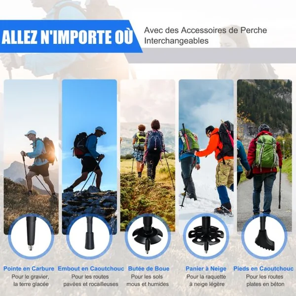 2 Bâtons de Marche Léger Longueurs Réglables 65-135cm Bâtons de Randonnée en Aluminium Alpenstocks Durables