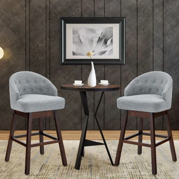 2 Chaises de Bar Pivotantes Pieds en Bois d'Hévéa Dossier Rembourré Tissu en Lin Respirant Design Capitonné Rivets Élégants Patins Réglables Gris
