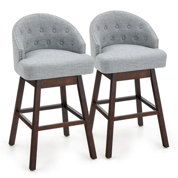 2 Chaises de Bar Pivotantes Pieds en Bois d'Hévéa Dossier Rembourré Tissu en Lin Respirant Design Capitonné Rivets Élégants Patins Réglables Gris