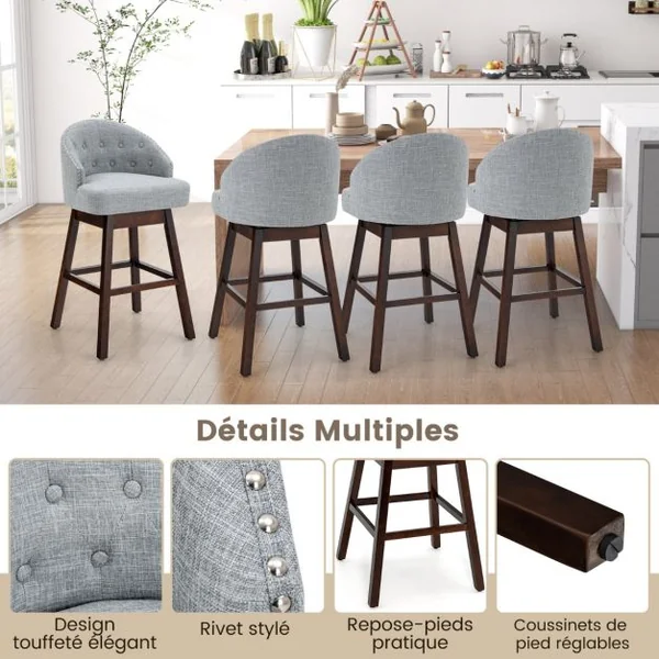 2 Chaises de Bar Pivotantes Pieds en Bois d'Hévéa Dossier Rembourré Tissu en Lin Respirant Design Capitonné Rivets Élégants Patins Réglables Gris