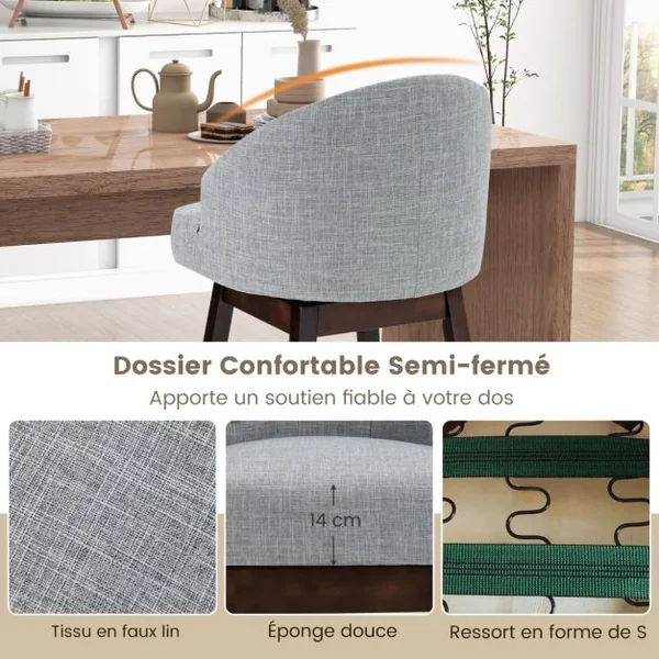 2 Chaises de Bar Pivotantes Pieds en Bois d'Hévéa Dossier Rembourré Tissu en Lin Respirant Design Capitonné Rivets Élégants Patins Réglables Gris