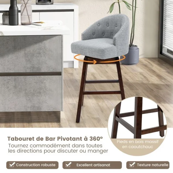 2 Chaises de Bar Pivotantes Pieds en Bois d'Hévéa Dossier Rembourré Tissu en Lin Respirant Design Capitonné Rivets Élégants Patins Réglables Gris