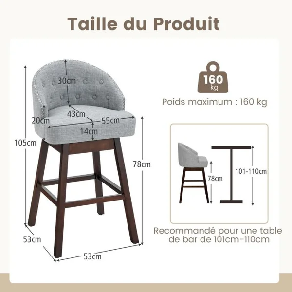 2 Chaises de Bar Pivotantes Pieds en Bois d'Hévéa Dossier Rembourré Tissu en Lin Respirant Design Capitonné Rivets Élégants Patins Réglables Gris