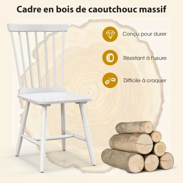 2 Chaises de Salle à Manger Sans Accoudoirs de avec Dossiers Ergonomiques en Broche Sièges en Bois de Caoutchouc Massif Blanc