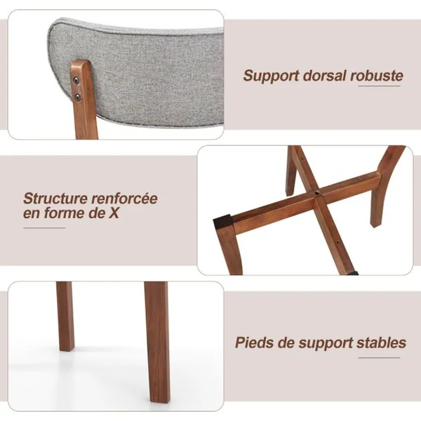 2 Chaises Salle à Manger Chaise en Bois d'Hévéa Dossier Siège Rembourré Coussin Doux Hauteur d’Assise 48 CM Chaise pour Salon Restaurant Gris