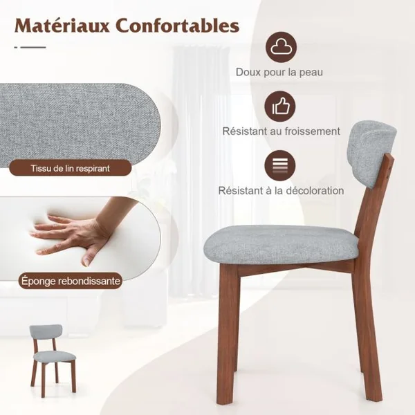 2 Chaises Salle à Manger Chaise en Bois d'Hévéa Dossier Siège Rembourré Coussin Doux Hauteur d’Assise 48 CM Chaise pour Salon Restaurant Gris