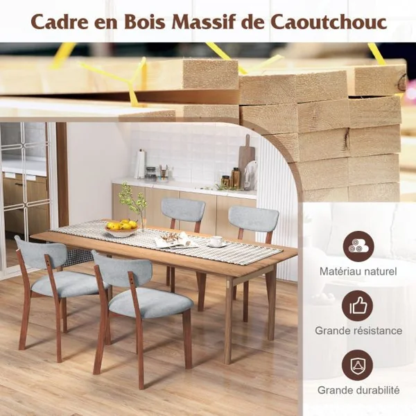 2 Chaises Salle à Manger Chaise en Bois d'Hévéa Dossier Siège Rembourré Coussin Doux Hauteur d’Assise 48 CM Chaise pour Salon Restaurant Gris