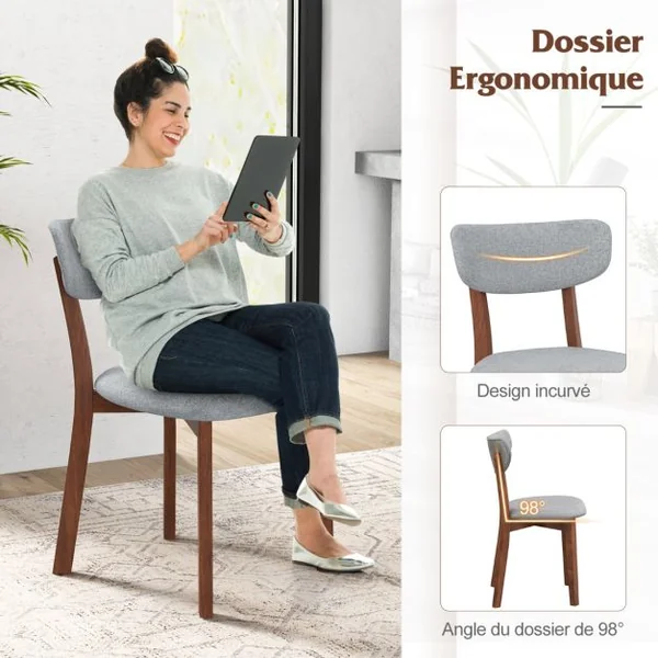 2 Chaises Salle à Manger Chaise en Bois d'Hévéa Dossier Siège Rembourré Coussin Doux Hauteur d’Assise 48 CM Chaise pour Salon Restaurant Gris