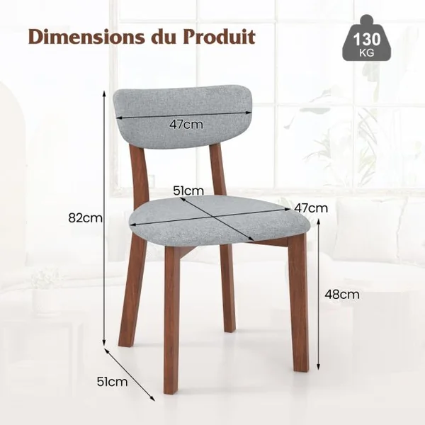 2 Chaises Salle à Manger Chaise en Bois d'Hévéa Dossier Siège Rembourré Coussin Doux Hauteur d’Assise 48 CM Chaise pour Salon Restaurant Gris