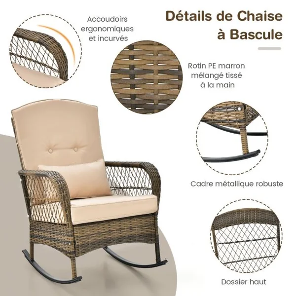 2 Chaises à Bascule en rotin PE et Table d'Appoint en Verre Trempé Coussins Inclus Ensemble Table et Chaises de Jardin
