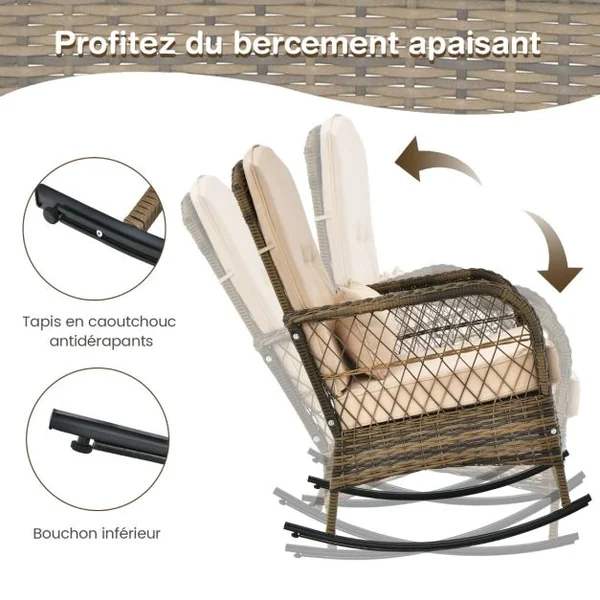 2 Chaises à Bascule en rotin PE et Table d'Appoint en Verre Trempé Coussins Inclus Ensemble Table et Chaises de Jardin