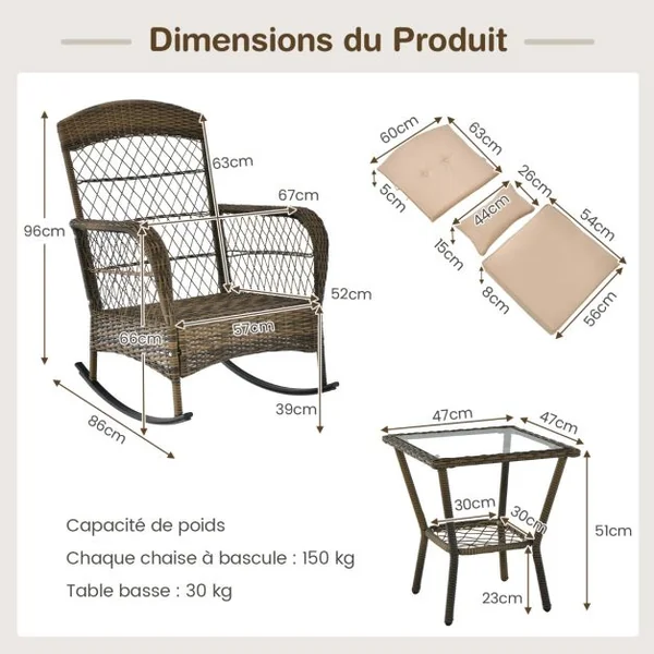 2 Chaises à Bascule en rotin PE et Table d'Appoint en Verre Trempé Coussins Inclus Ensemble Table et Chaises de Jardin